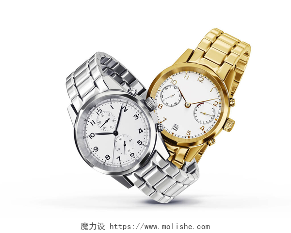 白色背景墙的两块手表腕表被隔离在白色。3d 插图